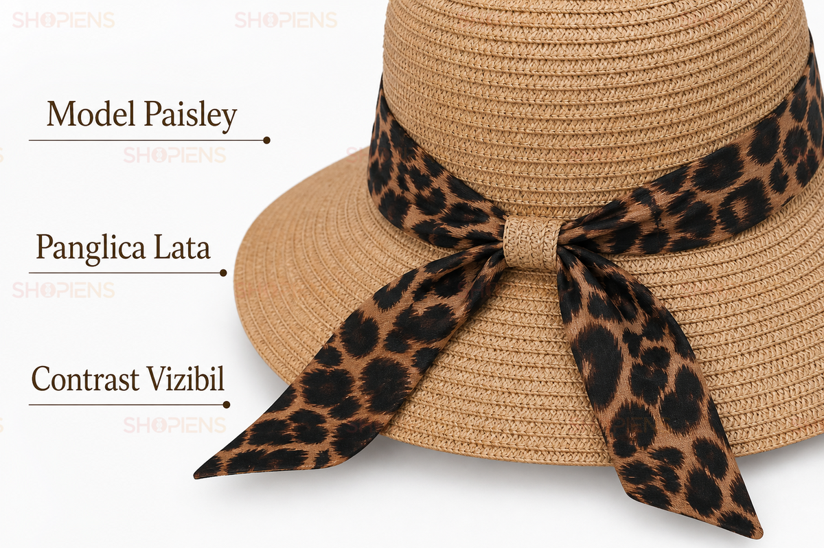 Palarie Din Paie Tan Cu Panglica Animal Print Si Funda La Spate