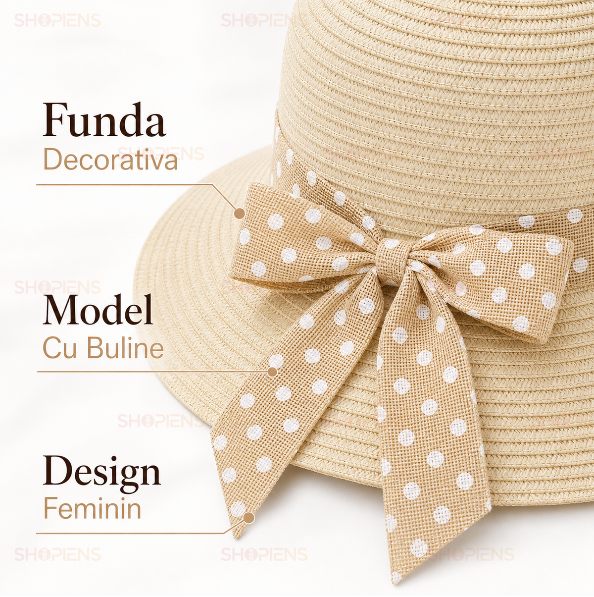 Palarie Ecru De Vara Cu Funda Decorativa Si Bor Amplu