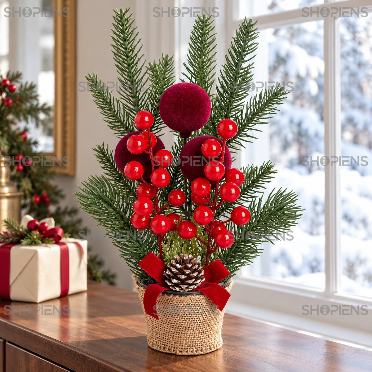 Aranjament bordo cu trei globuri catifelate, 27 cm pe o consolă lângă fereastră, într-un decor de iarnă | Shopiens®