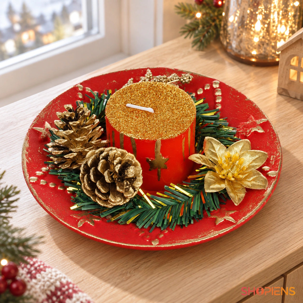Aranjament de Crăciun cu lumânare roșie, 15 cm – în decor de Crăciun lângă fereastră | Shopiens®