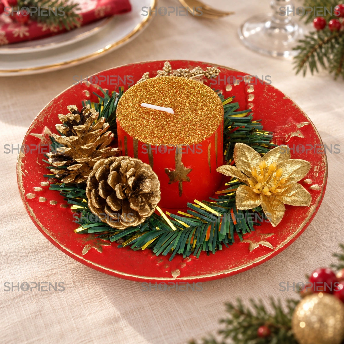 Aranjament de Crăciun cu lumânare roșie, 15 cm – pe masa festivă | Shopiens®