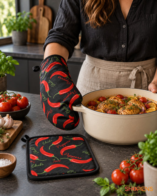 Mănușă și șervet negru cu ardei chili
