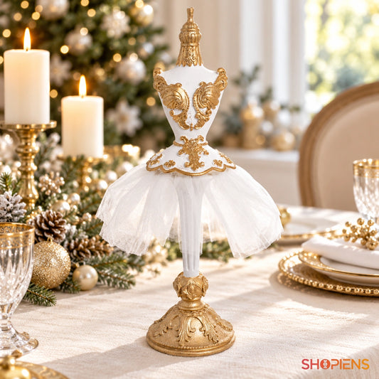 Balerină manechin cu tul și glitter șampanie, 38 cm pe masa de Crăciun, în lumină naturală | Shopiens®