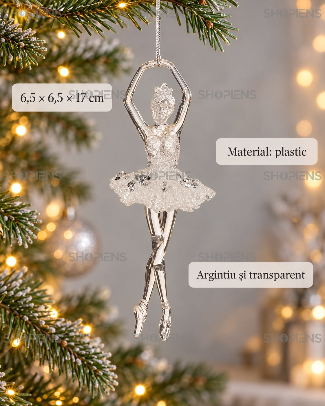 Balerină argintie transparentă pentru brad, 17 cm – dimensiuni și material – Shopiens