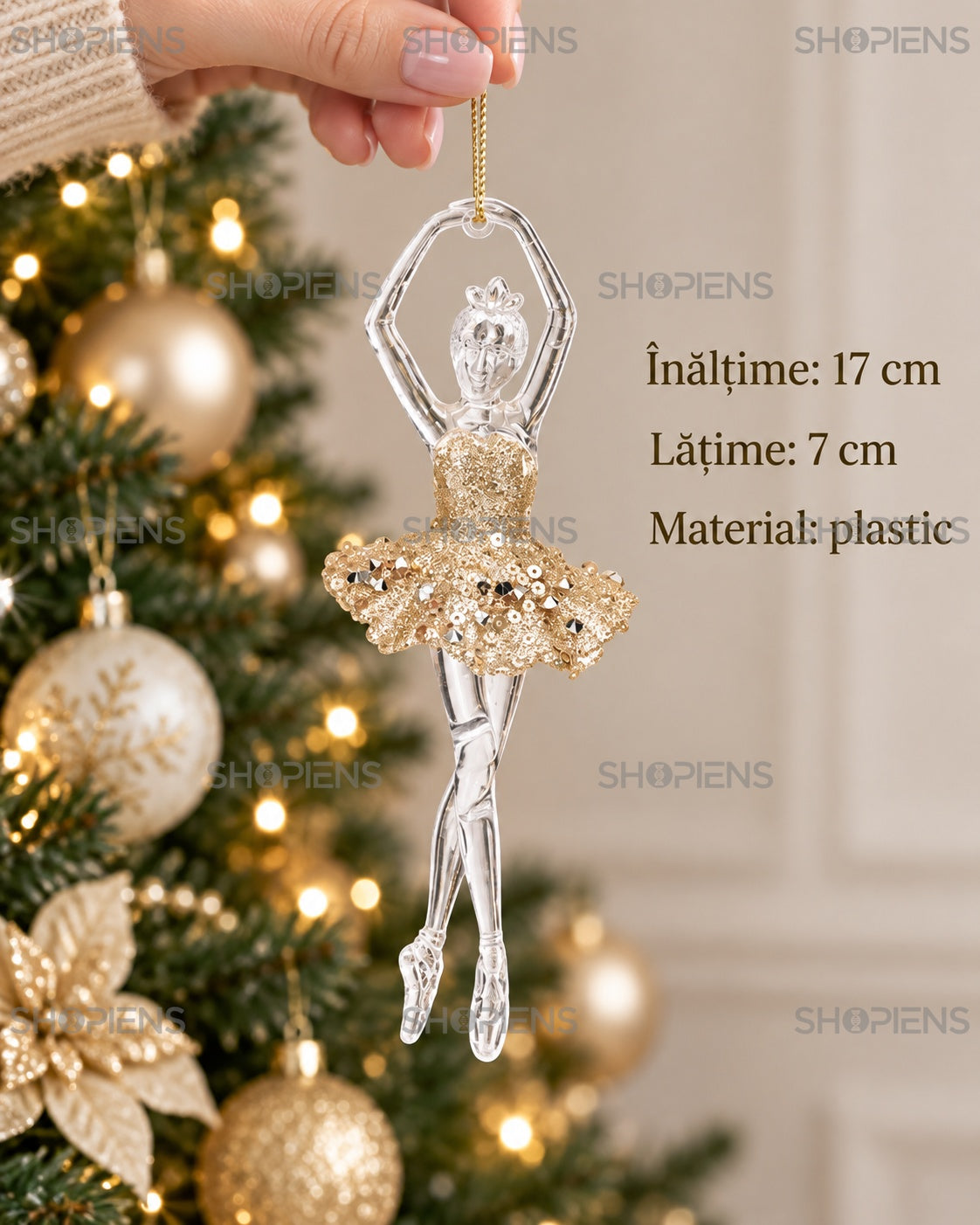 Balerină șampanie cu fustă din paiete, 17 cm – dimensiuni și material – Shopiens