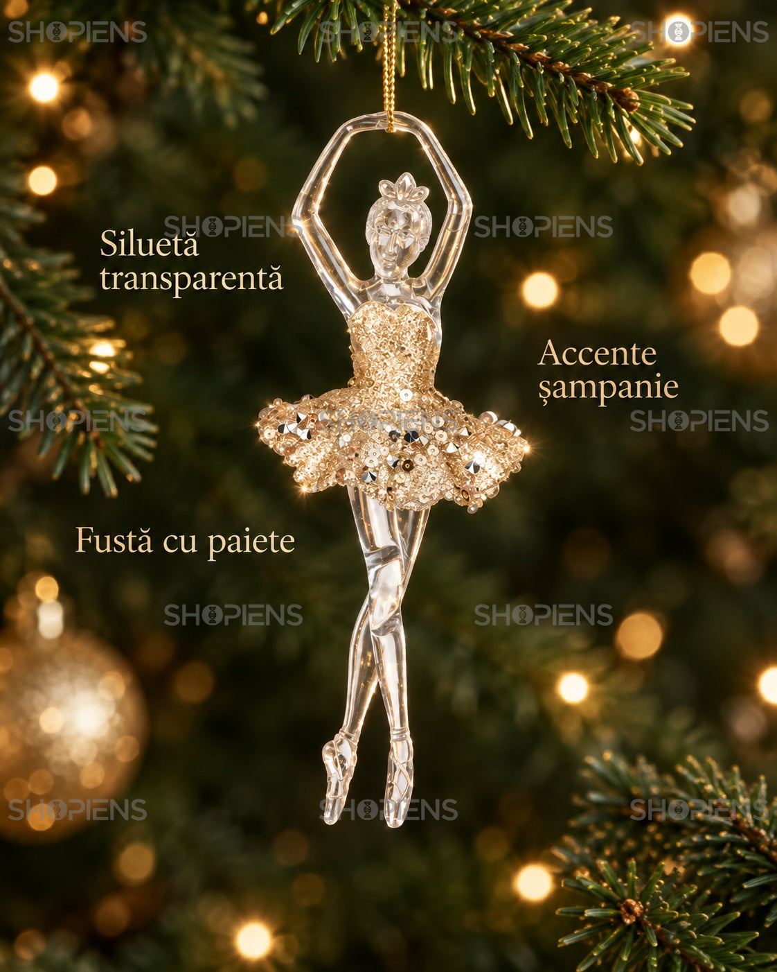 Balerină șampanie cu fustă din paiete, 17 cm – detalii decorative – Shopiens