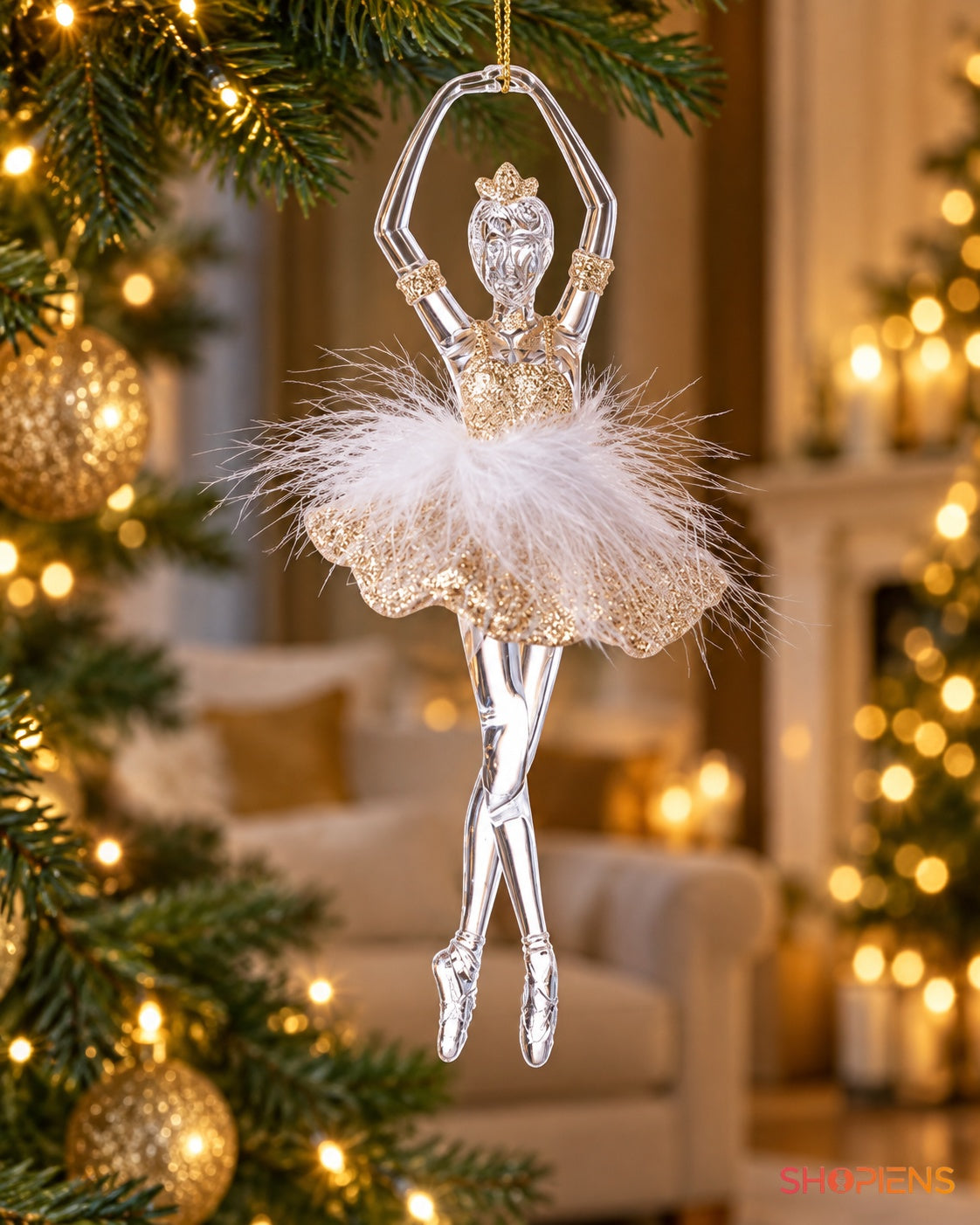 Balerină șampanie cu pene albe pentru brad, 18 cm în decor de Crăciun – Shopiens