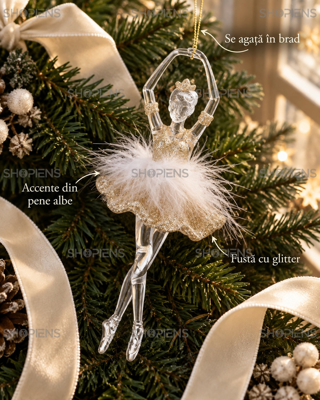 Balerină șampanie cu pene albe pentru brad, 18 cm – detalii decorative – Shopiens