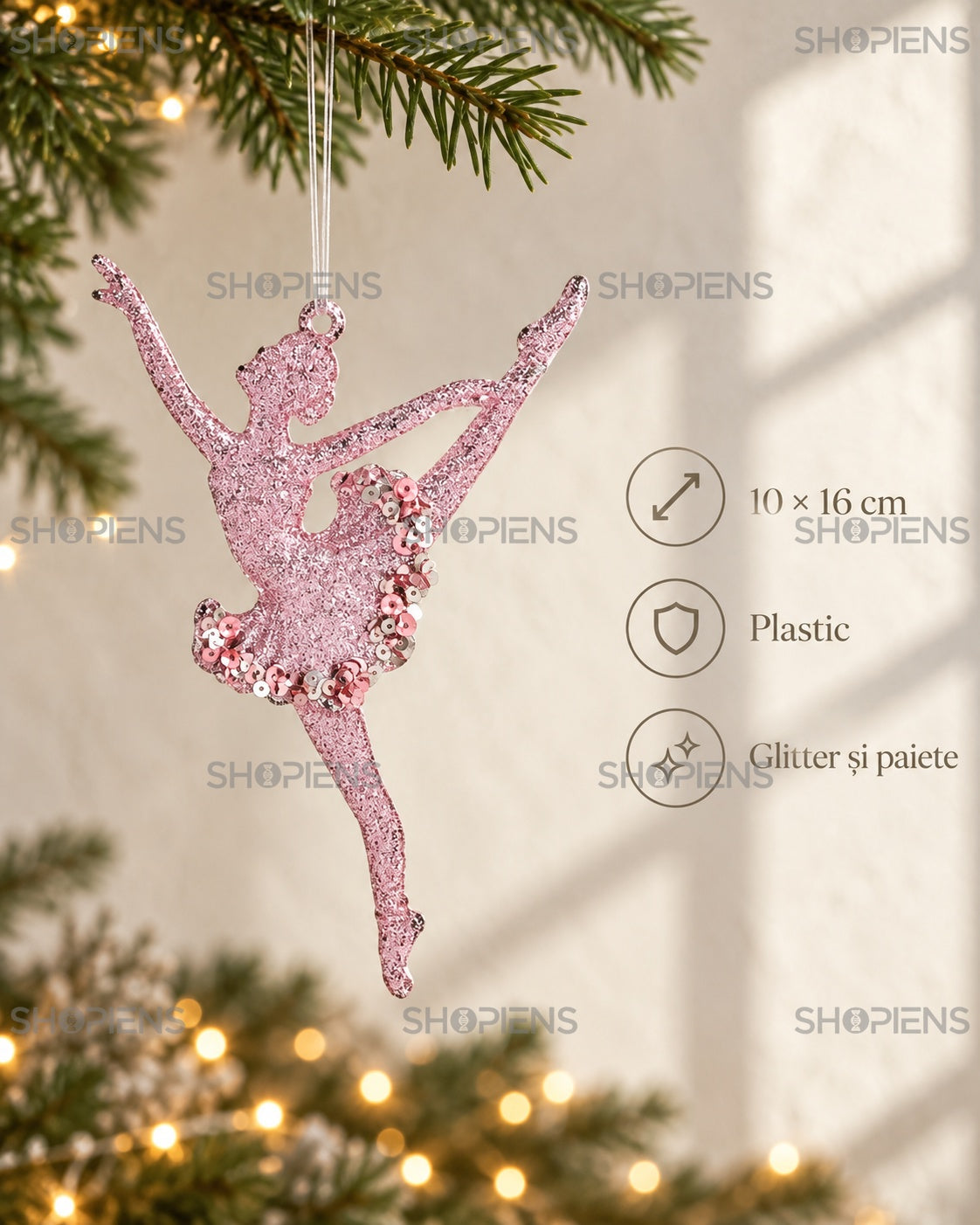 Ornament balerină roz cu paiete, 16 cm – specificații – Shopiens