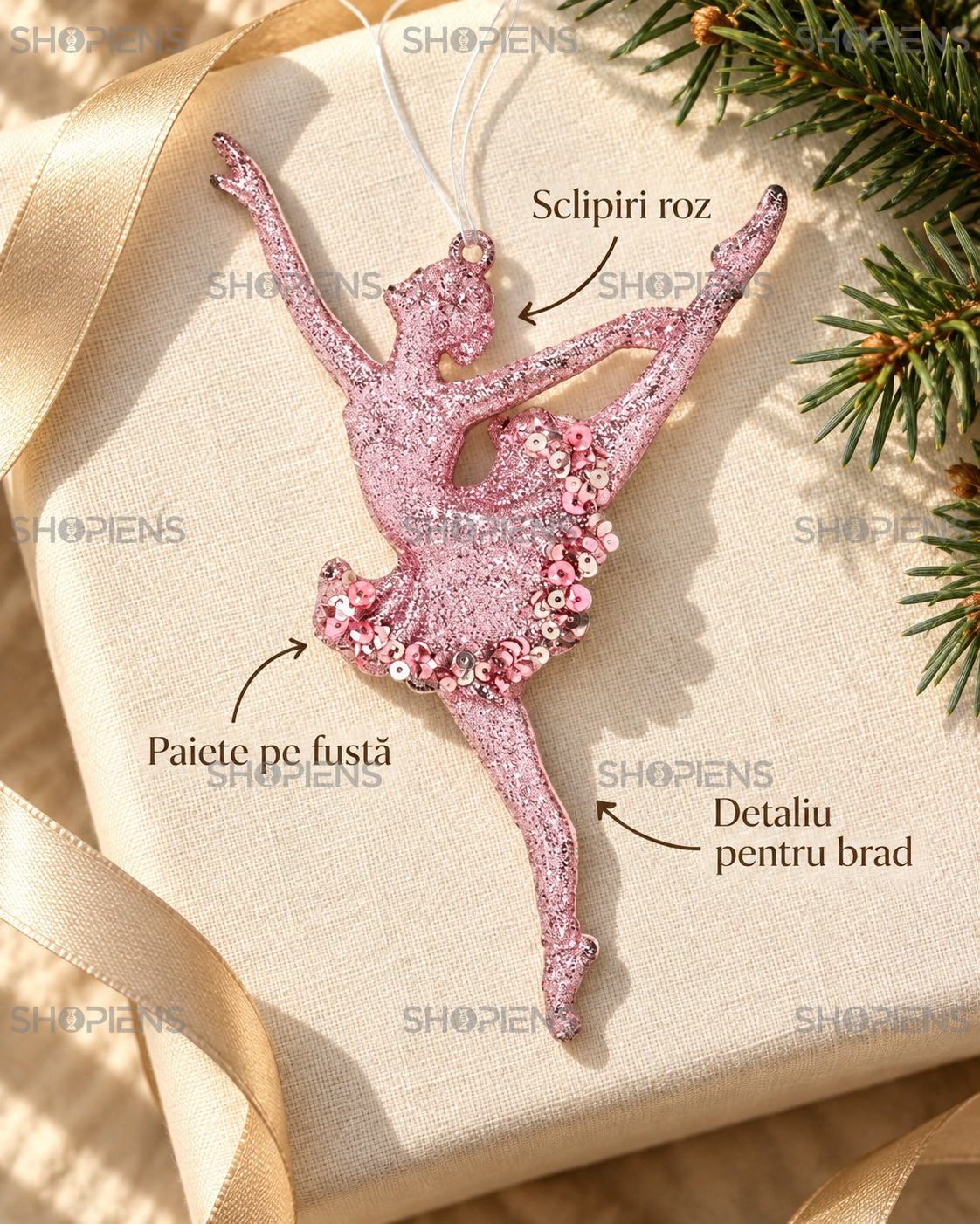 Ornament balerină roz cu paiete, 16 cm – detalii decorative – Shopiens
