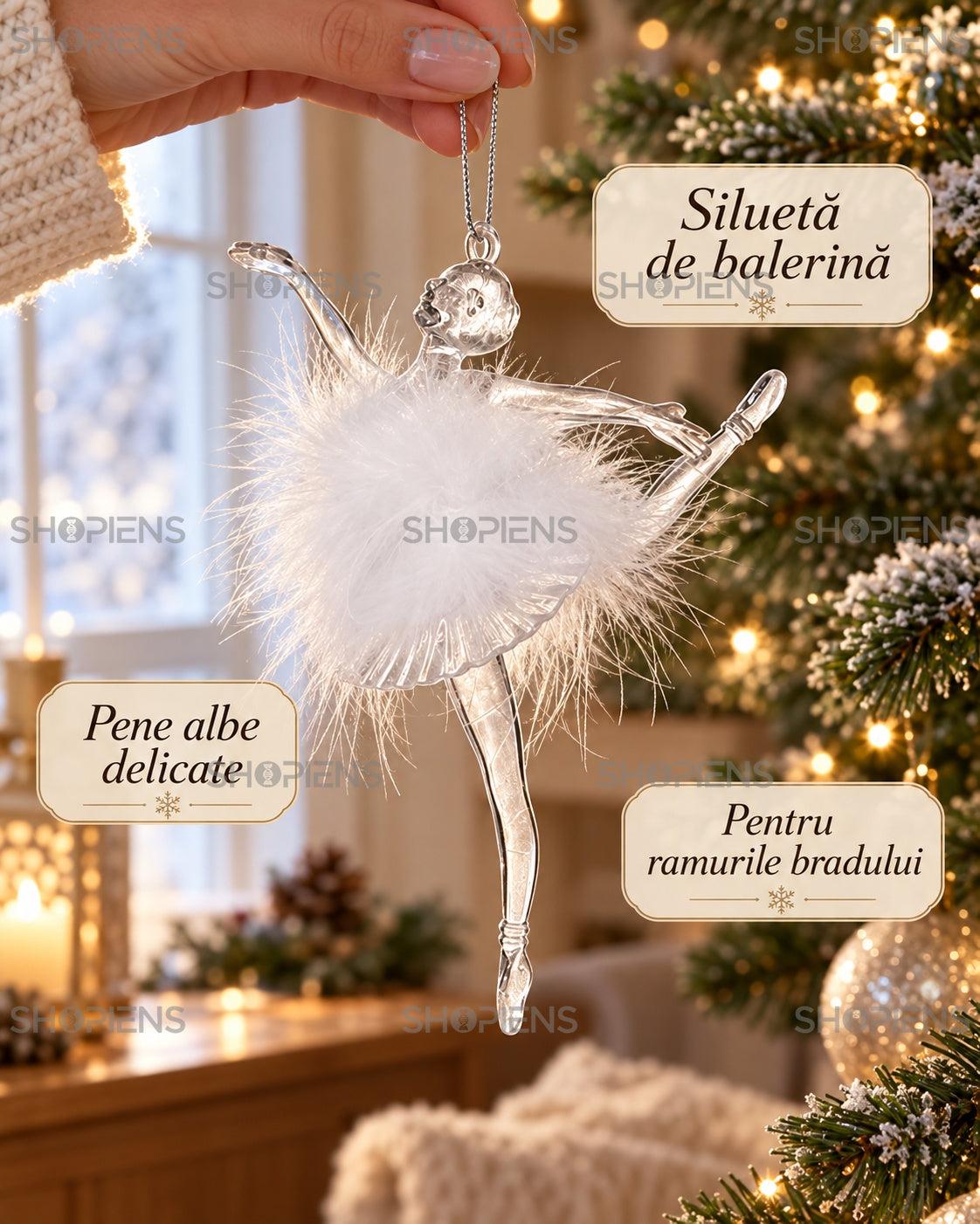 Balerină transparentă cu pene albe, 13 cm – detalii decorative – Shopiens