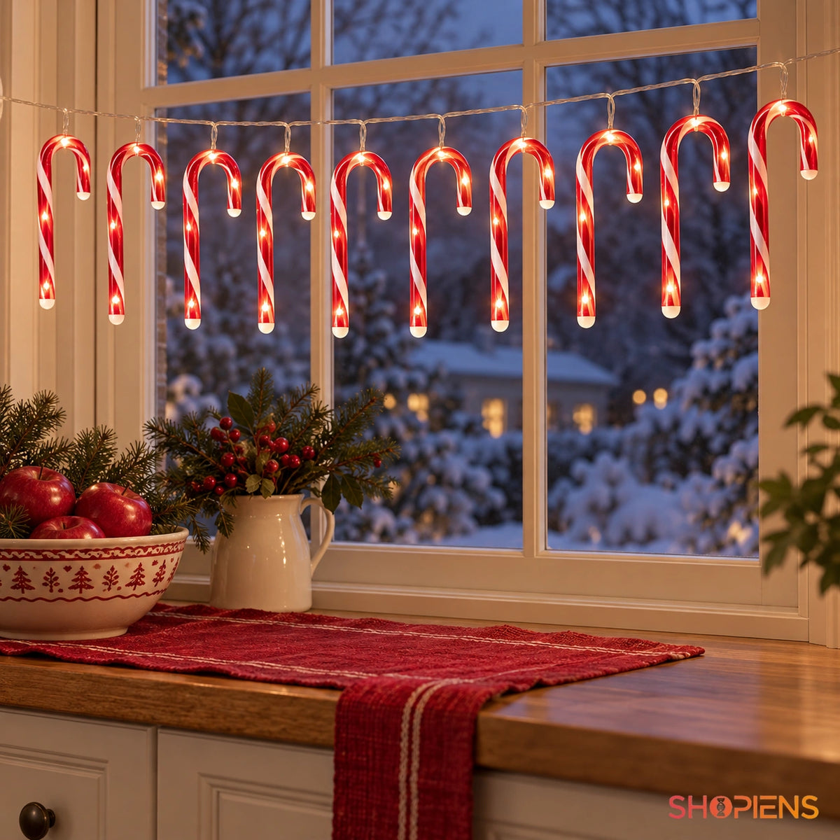 Bastonașe candy luminoase cu 40 LED-uri alb cald și baterii, într-un decor de Crăciun | Shopiens®