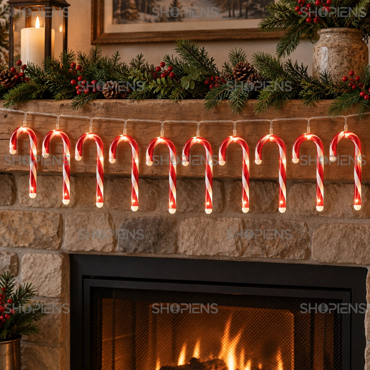 Bastonașe candy luminoase cu 40 LED-uri alb cald și baterii, vedere într-un decor interior | Shopiens®