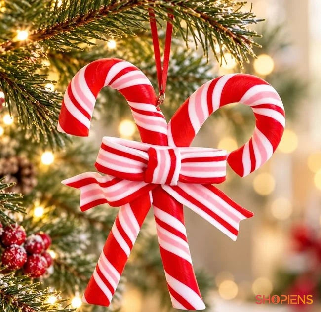 Bastonașe candy duble cu fundă în dungi, 10 cm, în brad, decor neinclus | Shopiens®
