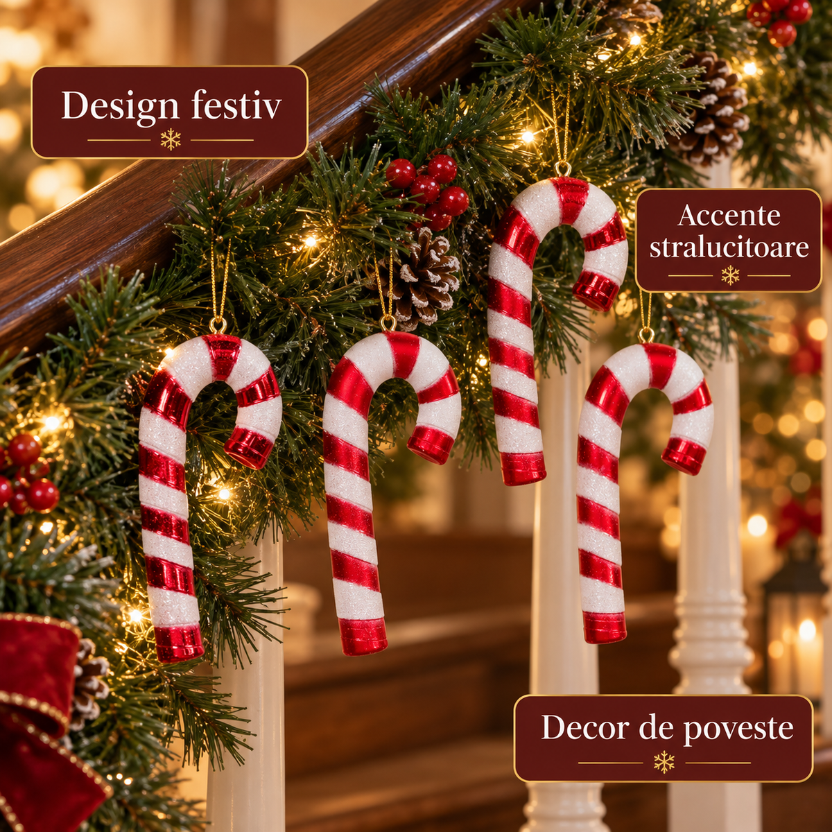 Bastonase Candy Rosu Alb, Set 4 Ornamente, 14 Cm - avantaje - Shopiens