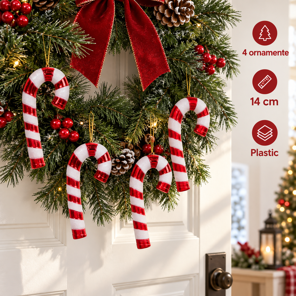 Bastonase Candy Rosu Alb, Set 4 Ornamente, 14 Cm - specificatii - Shopiens