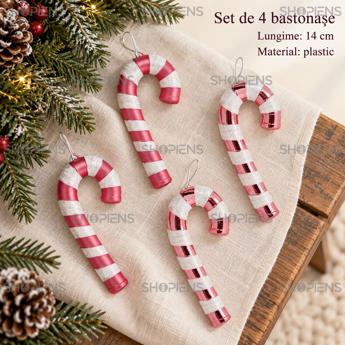 Bastonașe Candy roz-alb pentru brad, set 4, 14 cm – specificații – Shopiens