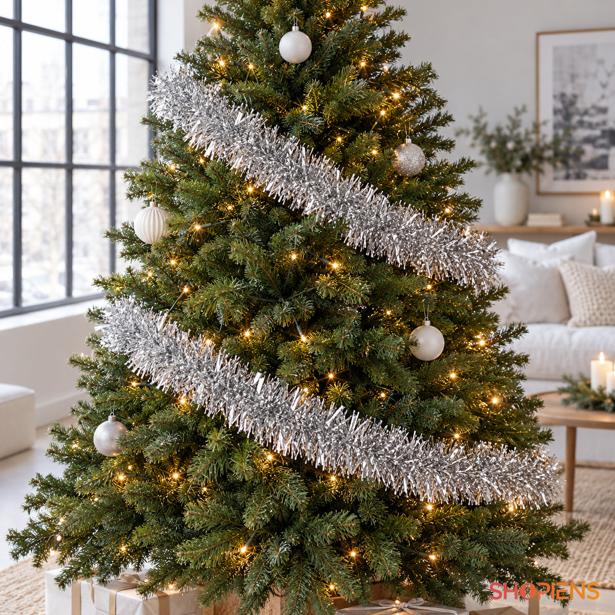 Beteală argintie tinsel, 3 m x 7 cm, în bradul de Crăciun, decor neinclus | Shopiens®