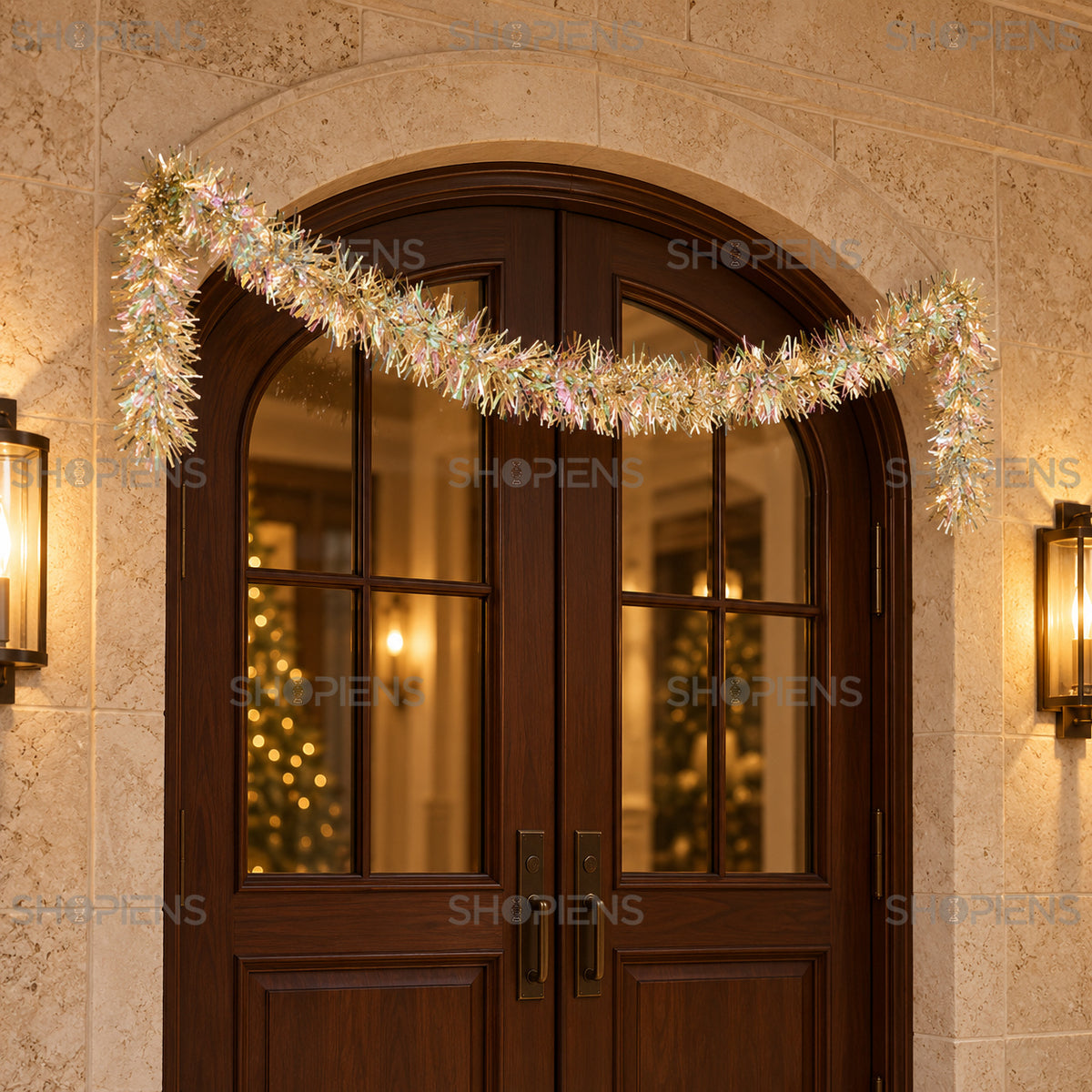 Beteală bej-șampanie irizată, 3 m x 5 cm, în decor interior festiv, decor neinclus | Shopiens®