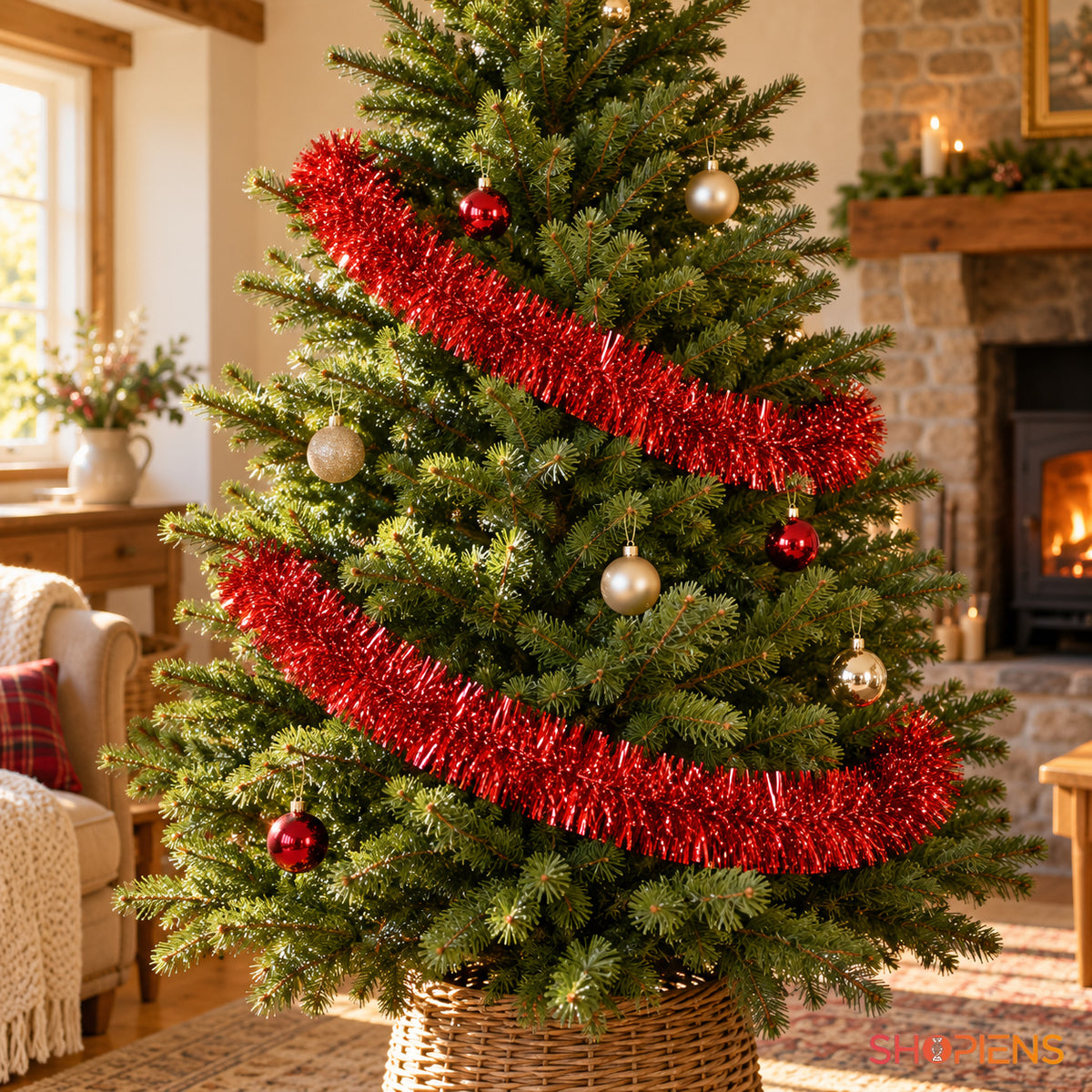 Beteală roșie metalizată tinsel, 3 m x 7 cm, în bradul de Crăciun, decor neinclus | Shopiens®