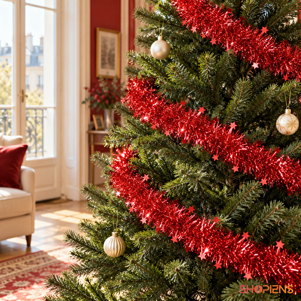 Beteală roșie tinsel cu steluțe, 3 m x 6 cm, în bradul de Crăciun, decor neinclus | Shopiens®