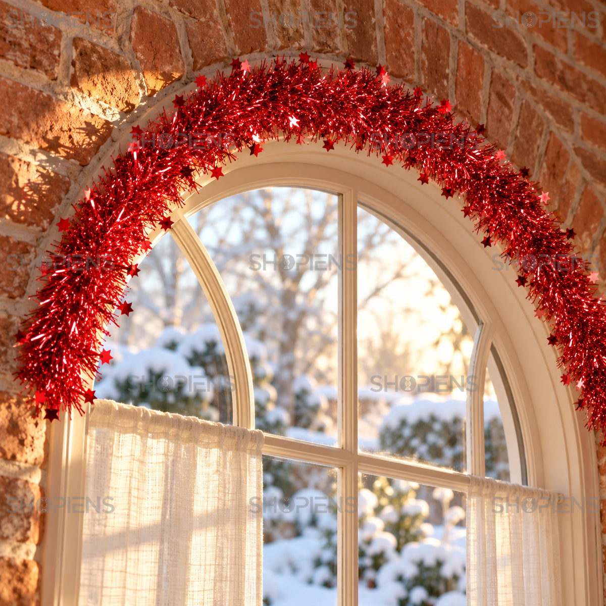 Beteală roșie tinsel cu steluțe, 3 m x 6 cm, în decor interior festiv, decor neinclus | Shopiens®