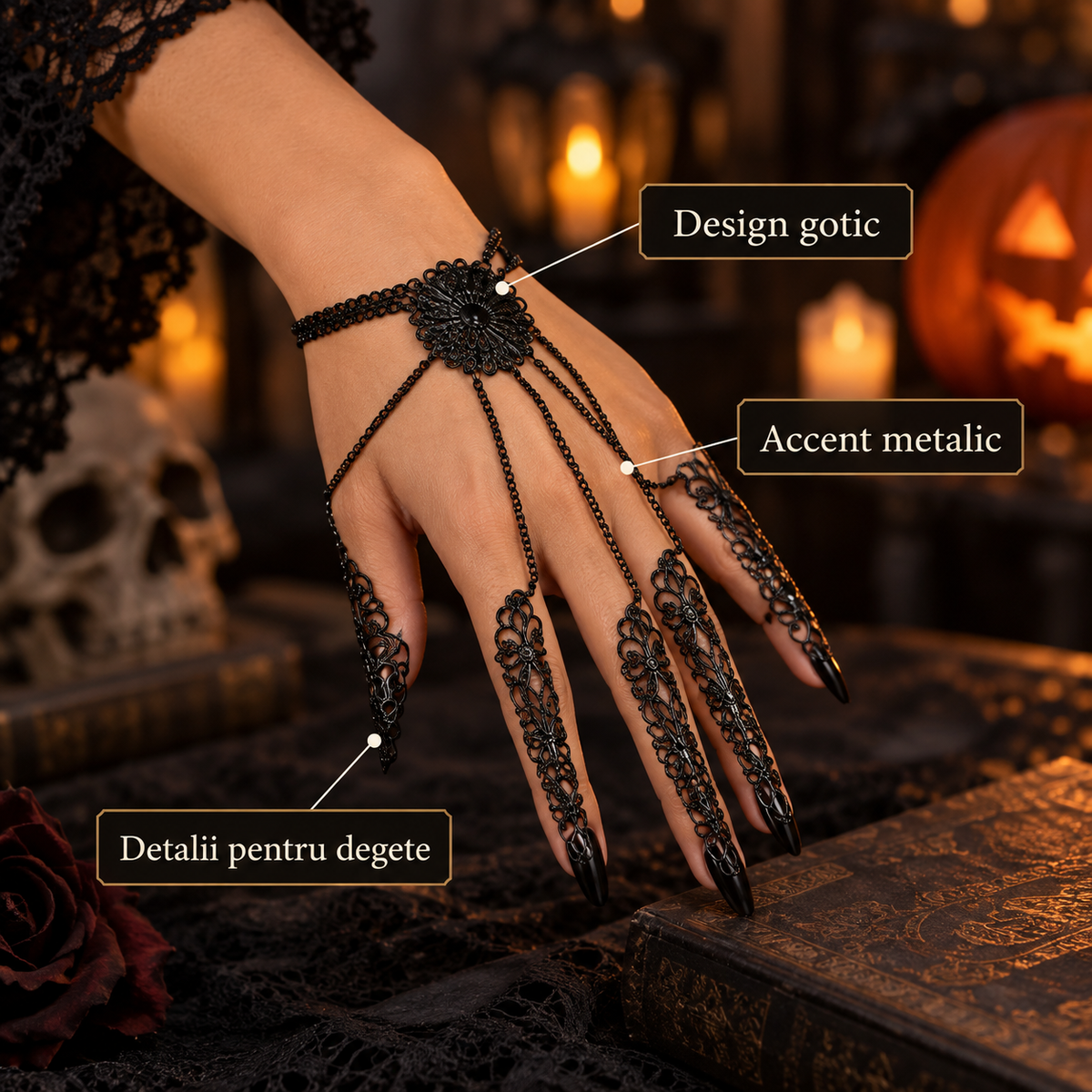 Bijuterie Gotica Pentru Mana Cu Lanturi Negre, 19 Cm - avantaje - Shopiens