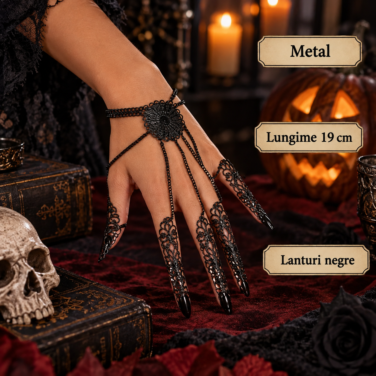Bijuterie Gotica Pentru Mana Cu Lanturi Negre, 19 Cm - specificatii - Shopiens