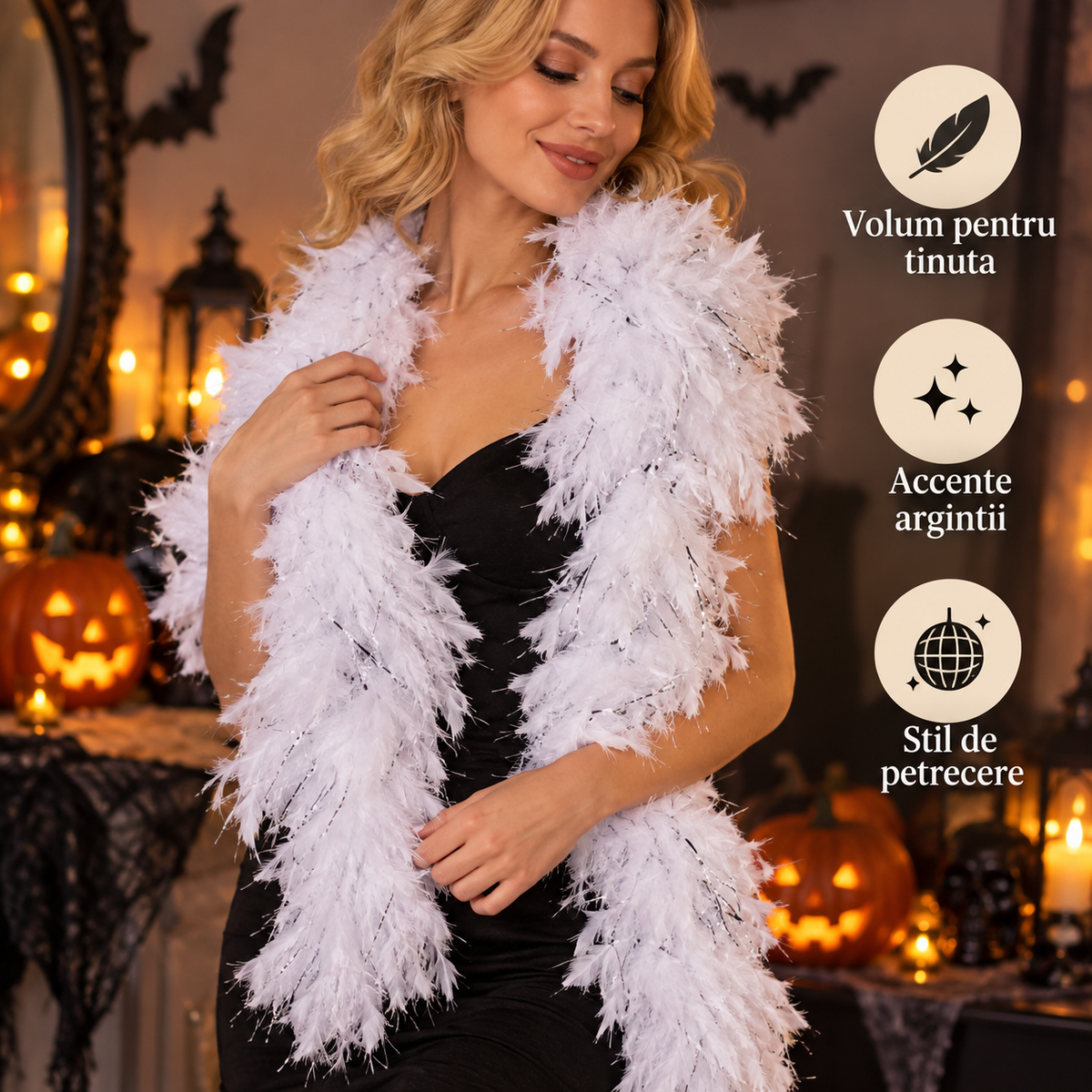 Boa Alb Cu Pene Si Beteala Argintie, 180 Cm - avantaje - Shopiens