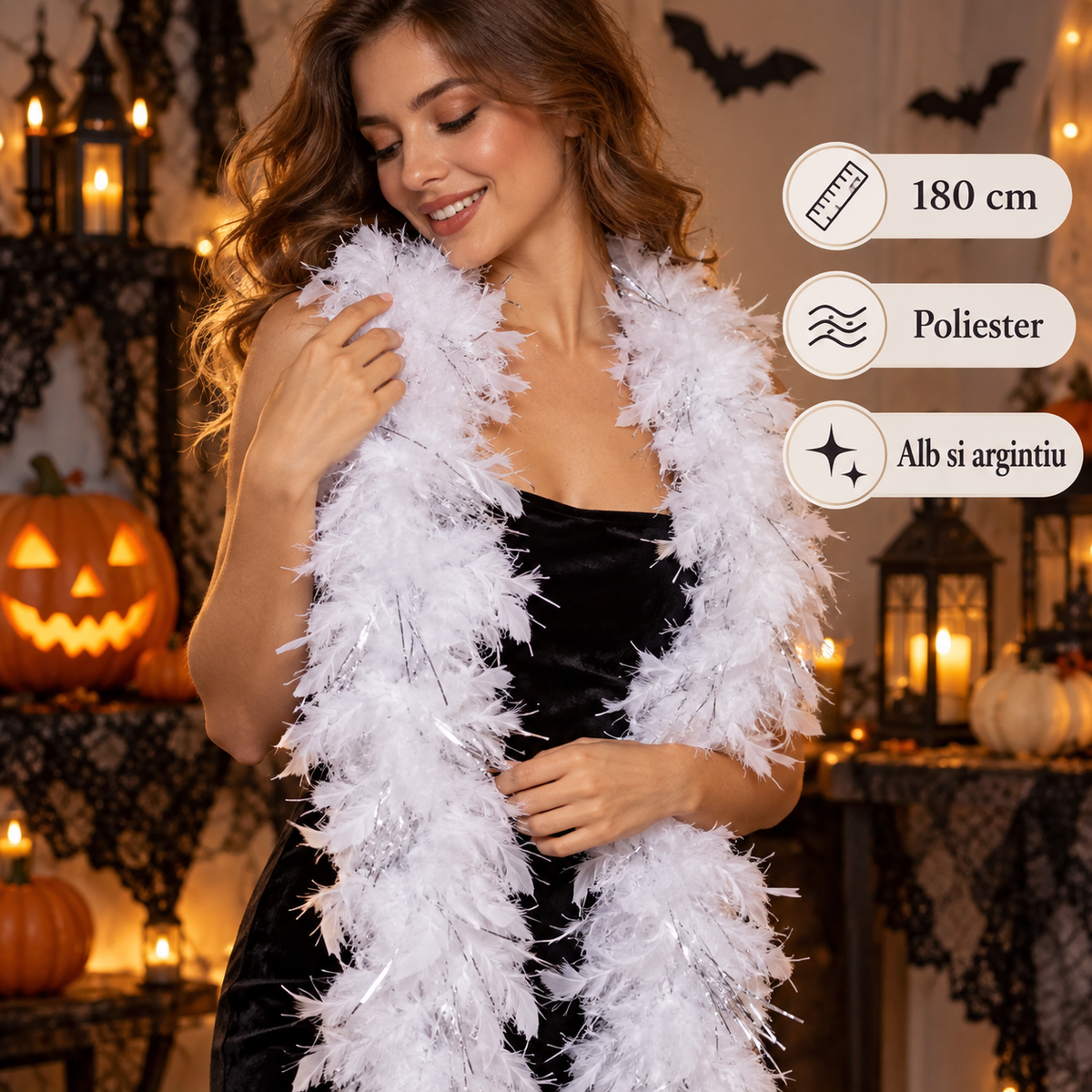 Boa Alb Cu Pene Si Beteala Argintie, 180 Cm - specificatii - Shopiens