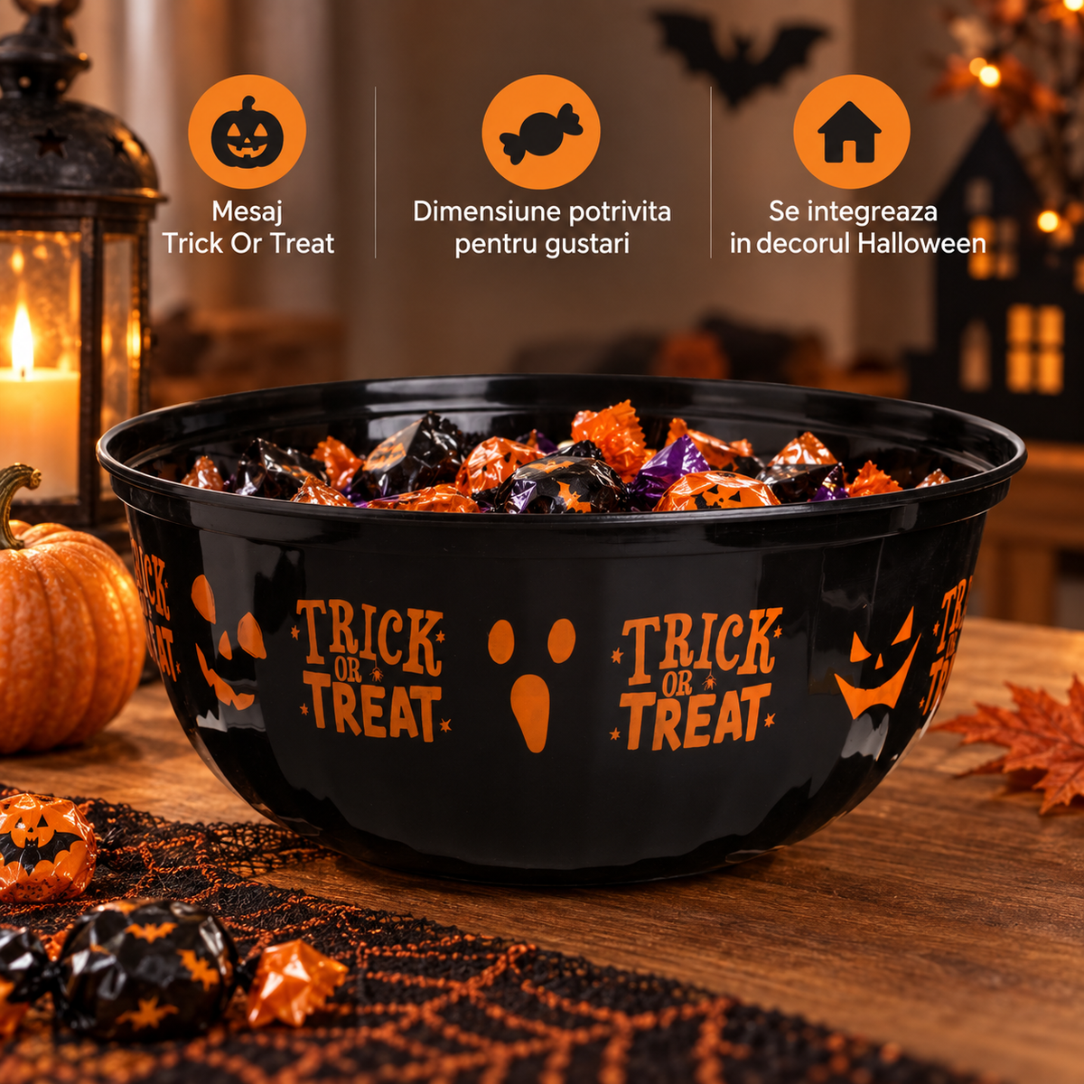 Bol Negru Trick Or Treat Cu Imprimeu Portocaliu, 30 Cm - avantaje - Shopiens