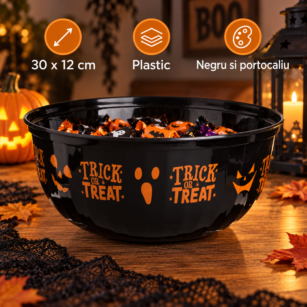 Bol Negru Trick Or Treat Cu Imprimeu Portocaliu, 30 Cm - specificatii - Shopiens
