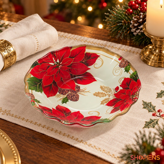 Bol din sticlă cu crăciunițe și vâsc, Ø15 cm, 290 ml, pe masa festivă de Crăciun, decor neinclus | Shopiens®
