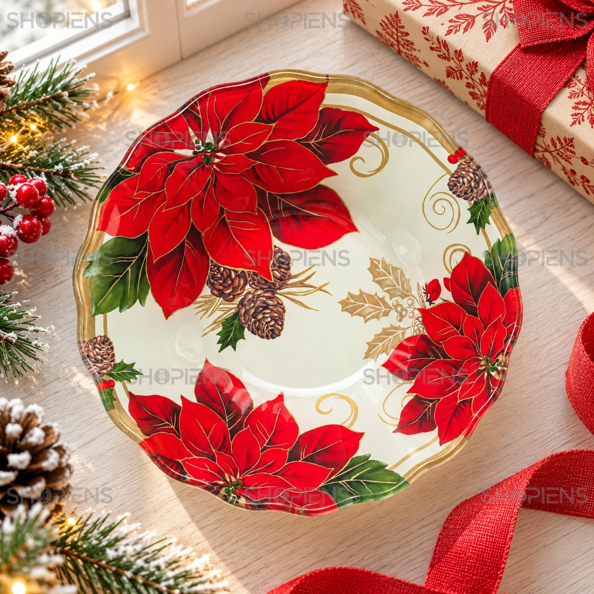 Bol din sticlă cu crăciunițe și vâsc, Ø15 cm, 290 ml, în decor alternativ de Crăciun, decor neinclus | Shopiens®