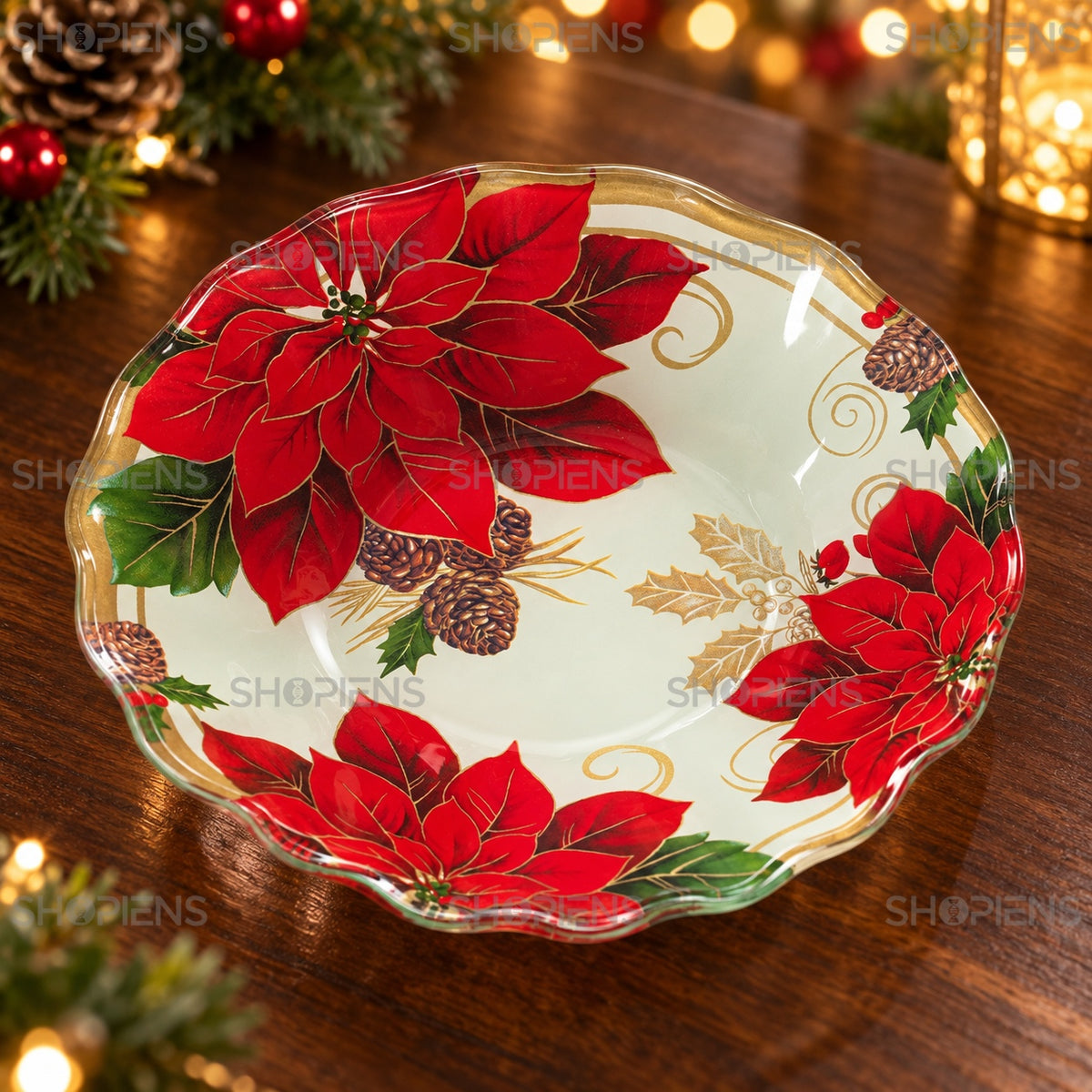 Bol din sticlă cu crăciunițe și vâsc, Ø15 cm, 290 ml, detaliu al designului, decor neinclus | Shopiens®