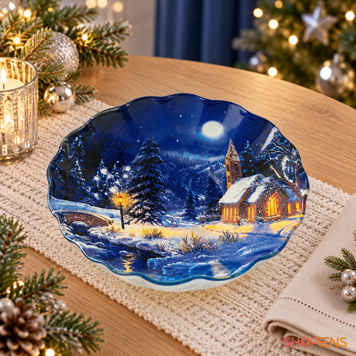 Bol din sticlă cu peisaj de noapte albastră, Ø15 cm, 290 ml, pe masa festivă de Crăciun, decor neinclus | Shopiens®
