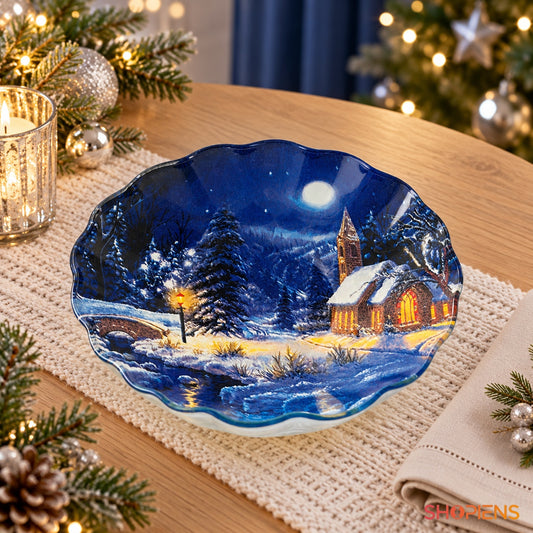 Bol din sticlă cu peisaj de noapte albastră, Ø15 cm, 290 ml, pe masa festivă de Crăciun, decor neinclus | Shopiens®