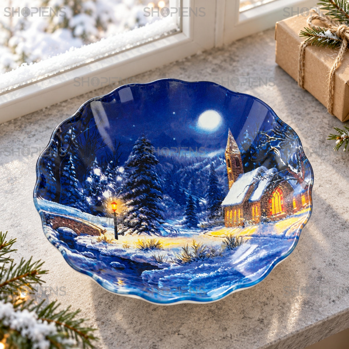 Bol din sticlă cu peisaj de noapte albastră, Ø15 cm, 290 ml, în decor alternativ de Crăciun, decor neinclus | Shopiens®