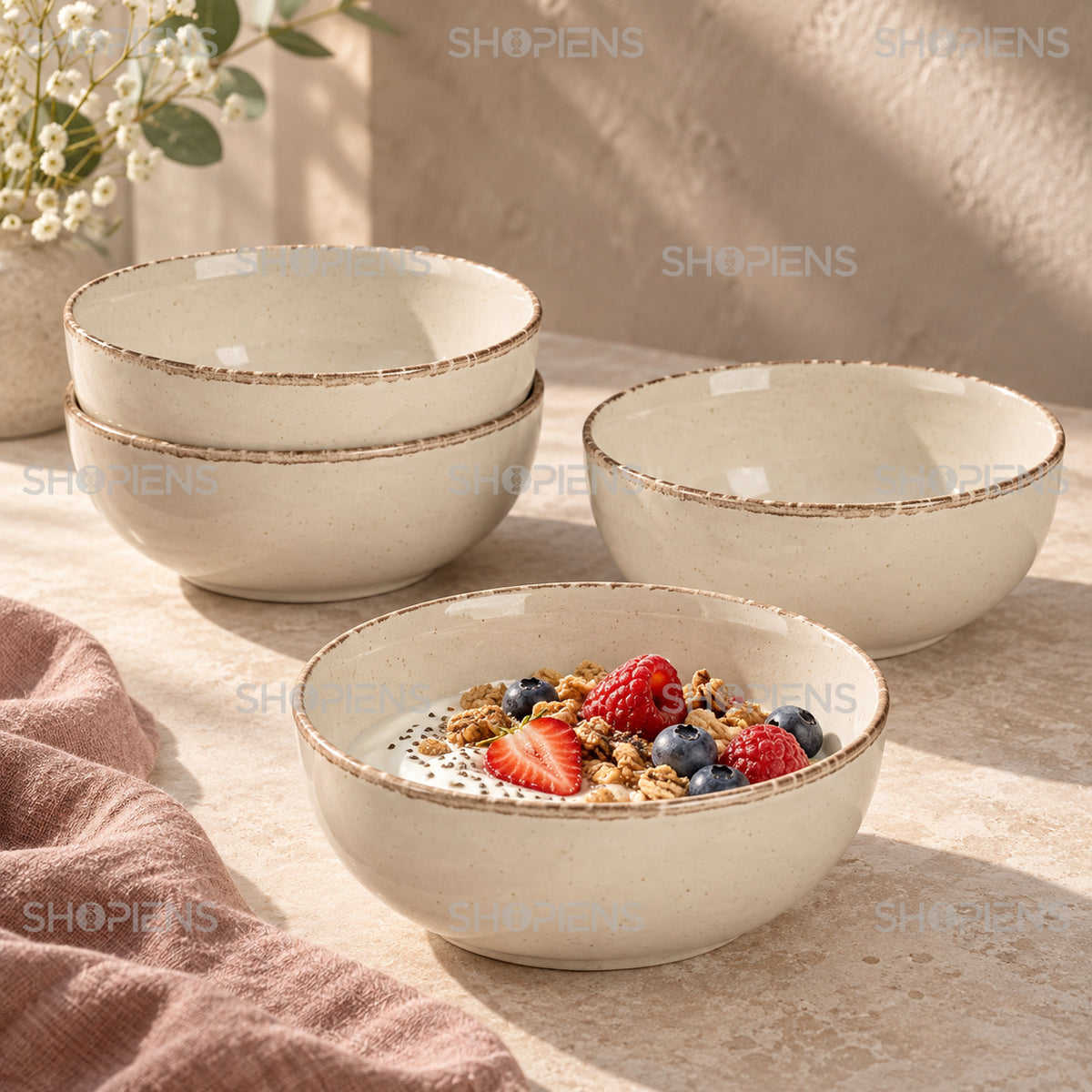 Boluri ceramice bej, set de 4, 680 ml