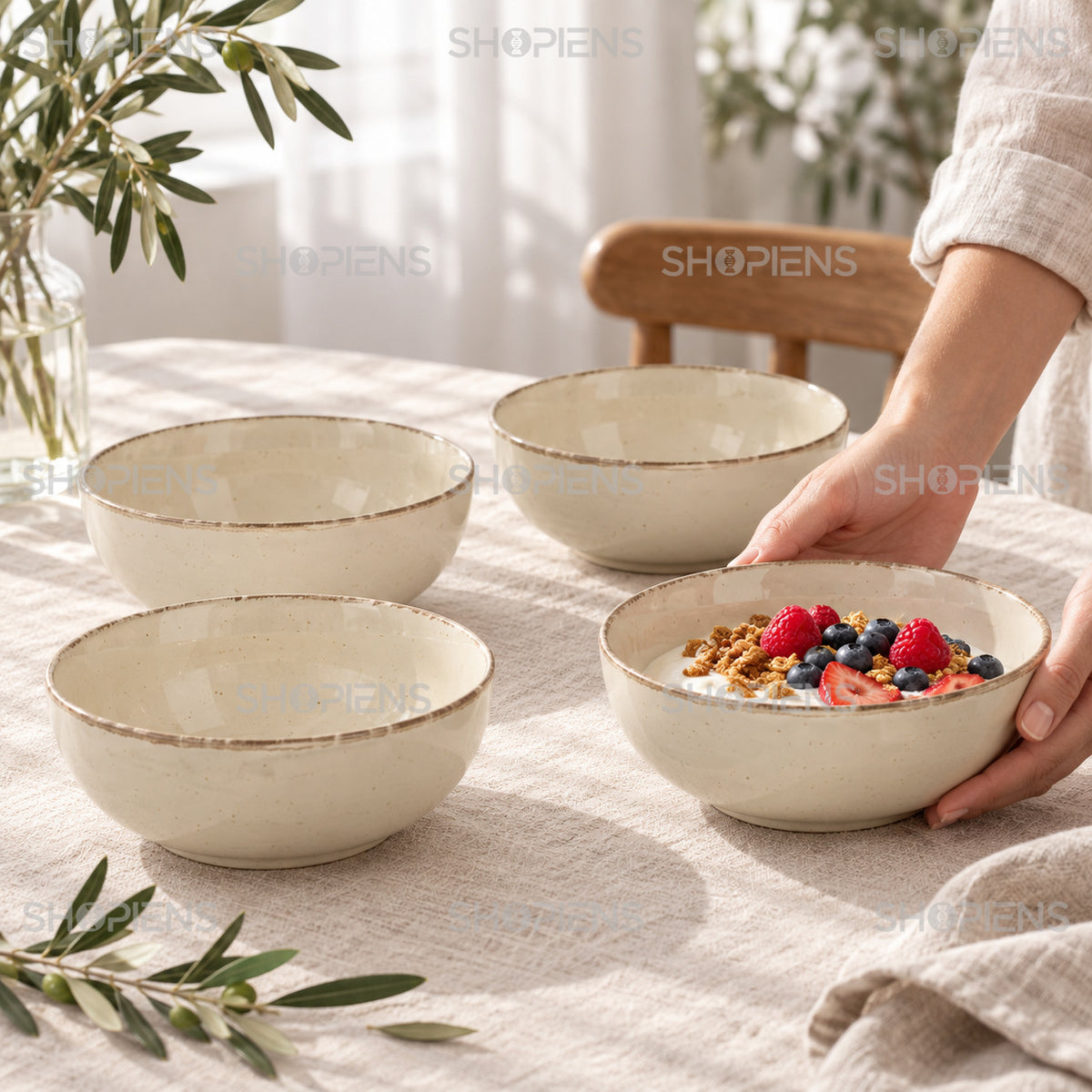 Boluri ceramice bej, set de 4, 680 ml