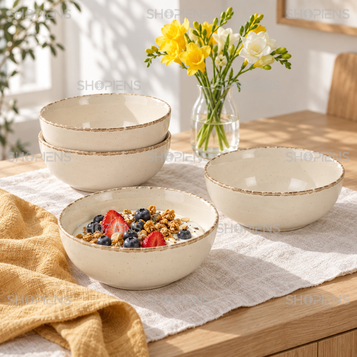 Boluri ceramice bej, set de 4, 680 ml