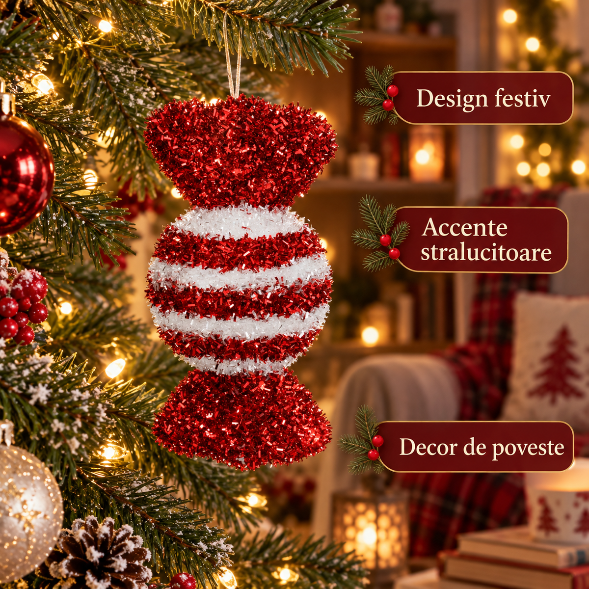 Bomboana Cu Beteala, Ornament Rosu Alb, 15 Cm - avantaje - Shopiens