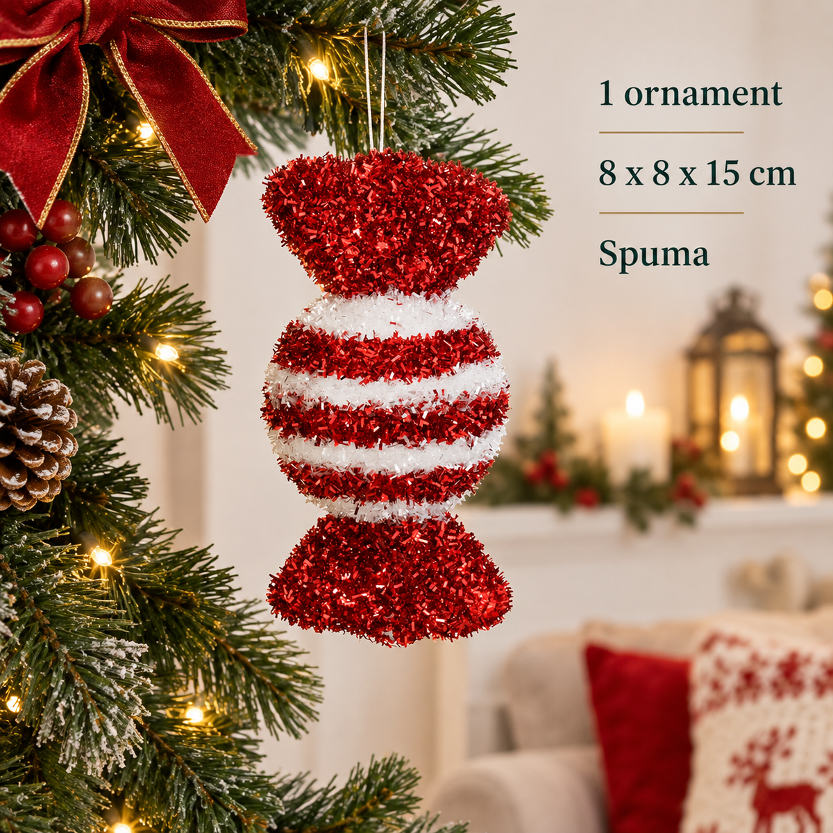 Bomboana Cu Beteala, Ornament Rosu Alb, 15 Cm - specificatii - Shopiens