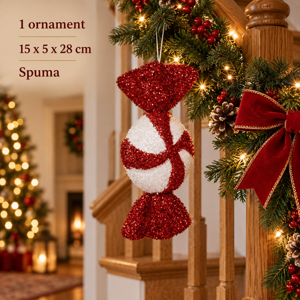 Bomboana Mare Rosu Alb, Ornament Cu Beteala - specificatii - Shopiens