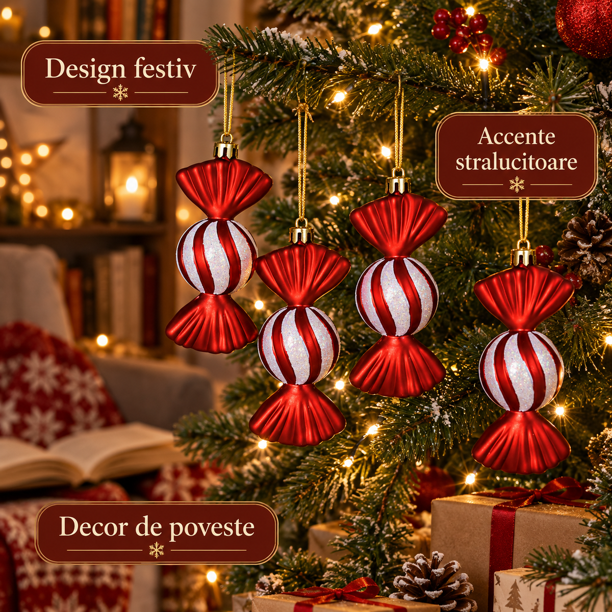 Bomboane Candy Cu Dungi, Set 4 Ornamente, 13 Cm - avantaje - Shopiens