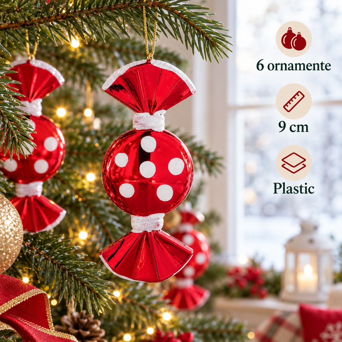 Bomboane Cu Buline, Set 6 Ornamente De Brad, 9 Cm - specificatii - Shopiens