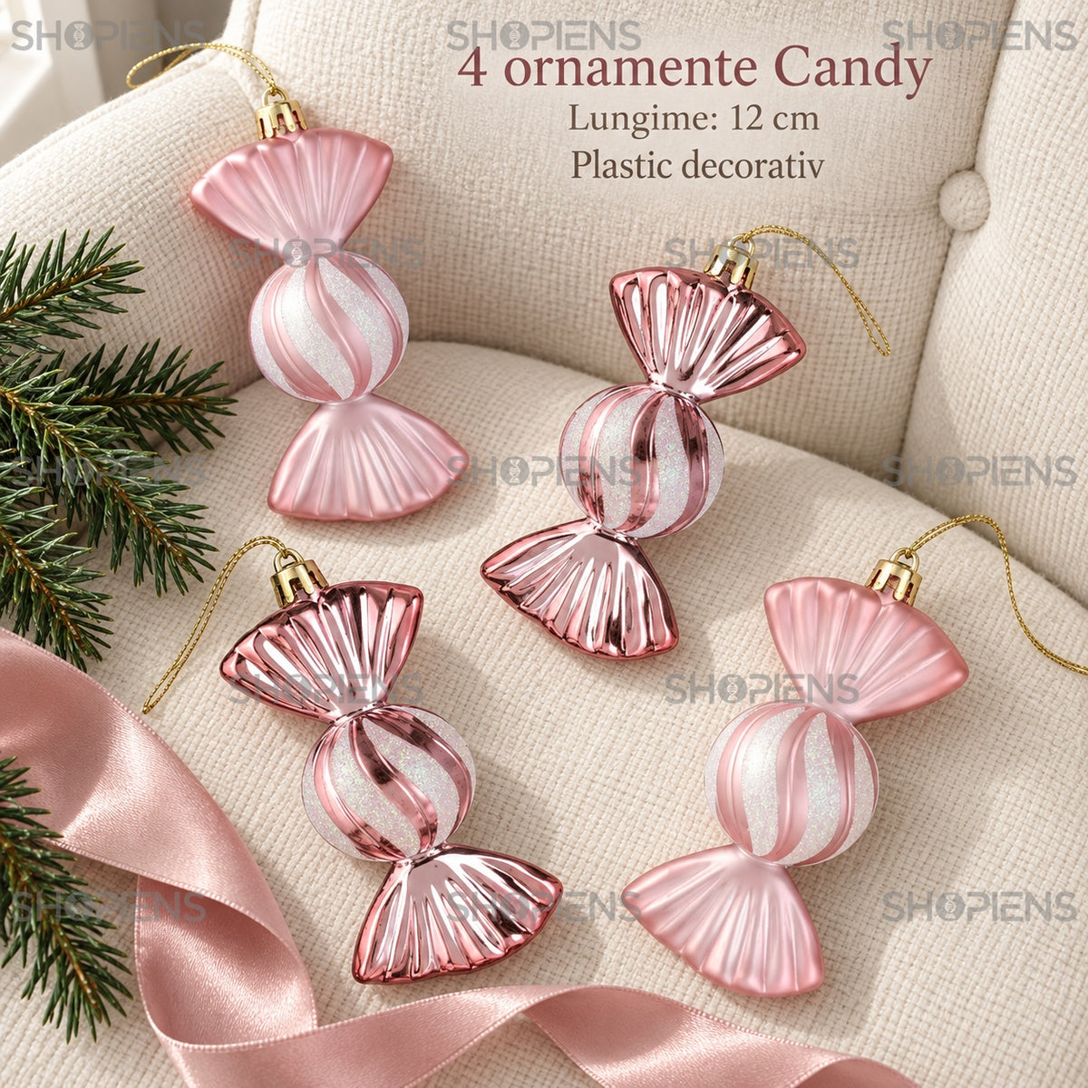 Set 4 ornamente Candy roz cu dungi albe, 12 cm – specificații – Shopiens