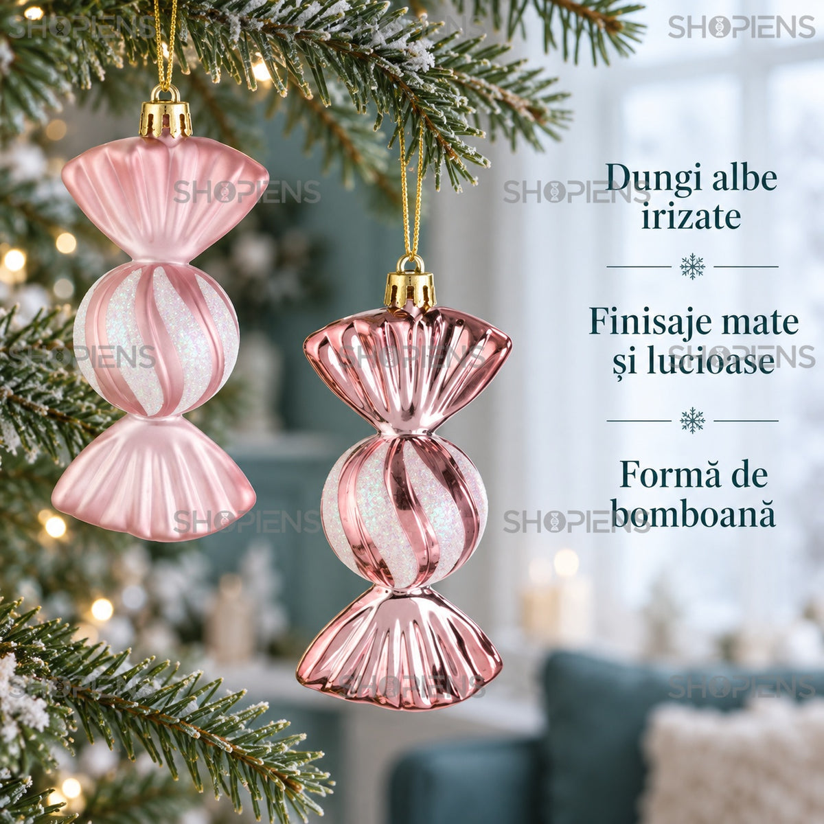 Set 4 ornamente Candy roz cu dungi albe, 12 cm – finisaje și detalii – Shopiens