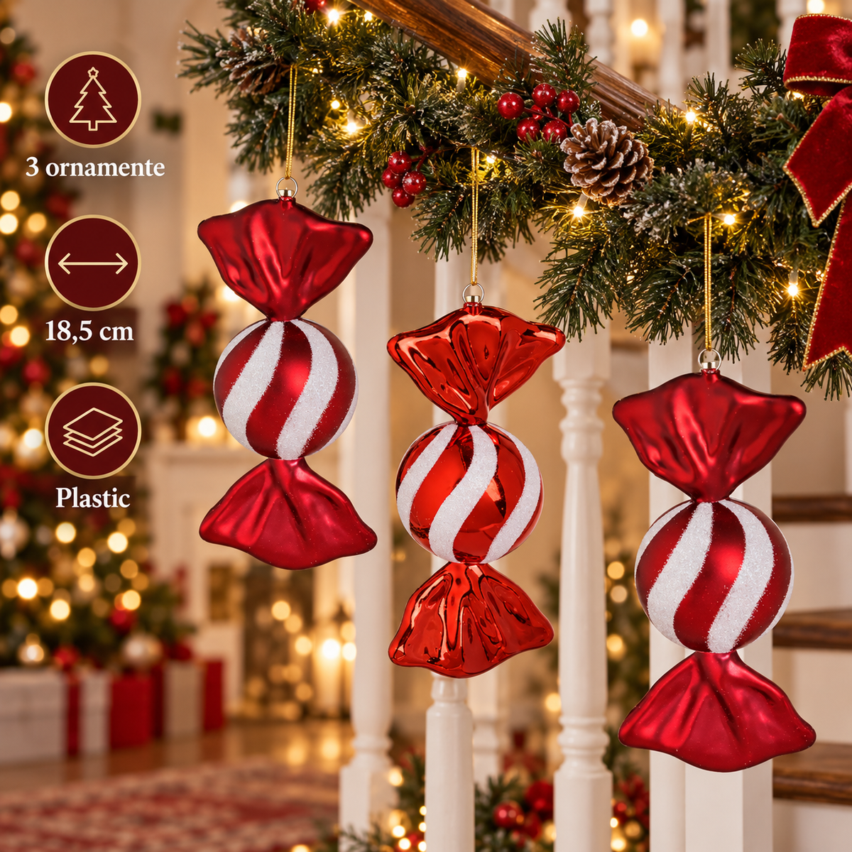 Bomboane Mari Cu Glitter, Set 3 Ornamente, 18,5 Cm - specificatii - Shopiens