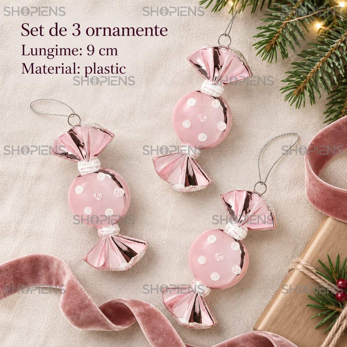 Bomboane decorative roz cu buline, set 3, 9 cm – specificații – Shopiens